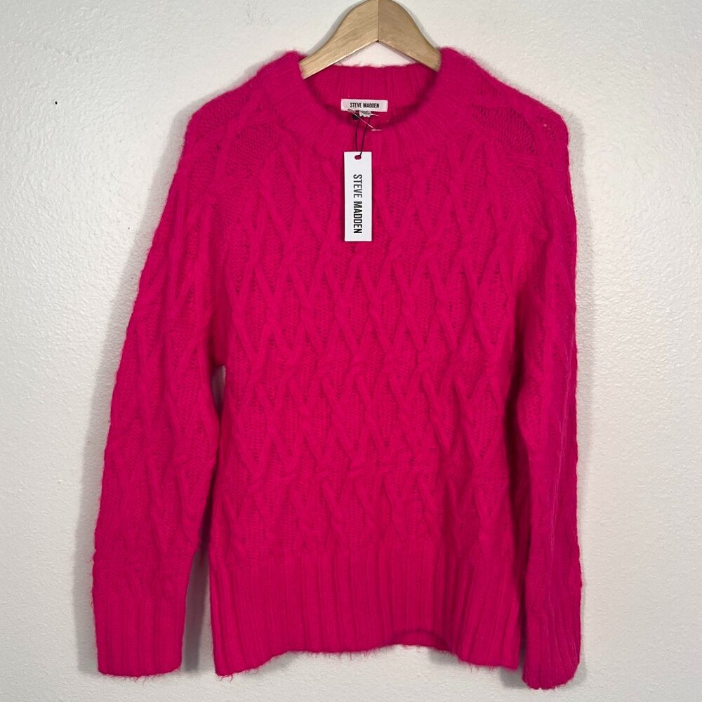 Steve Madden | Women’s Long Cable Knit Sweater in Hot Pink, size M